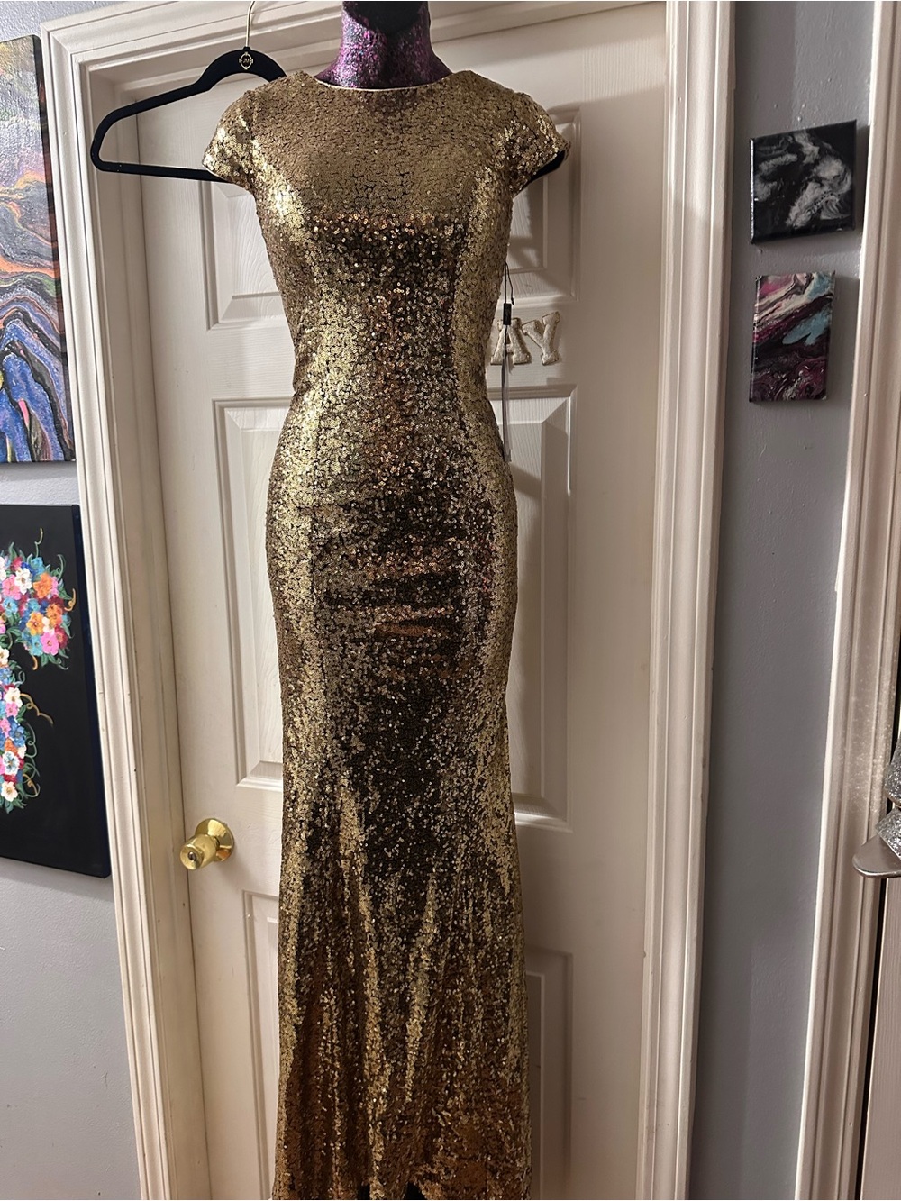 Gold Sequin Maxi Dress with Cap Sleeves